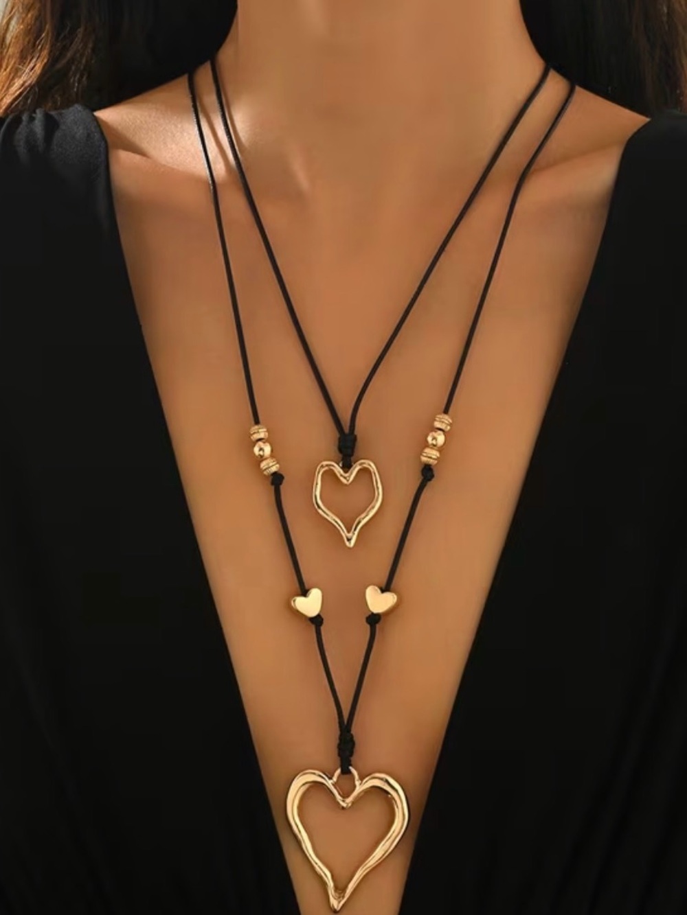Layered Gold Heart Pendant Necklace on Black Cord